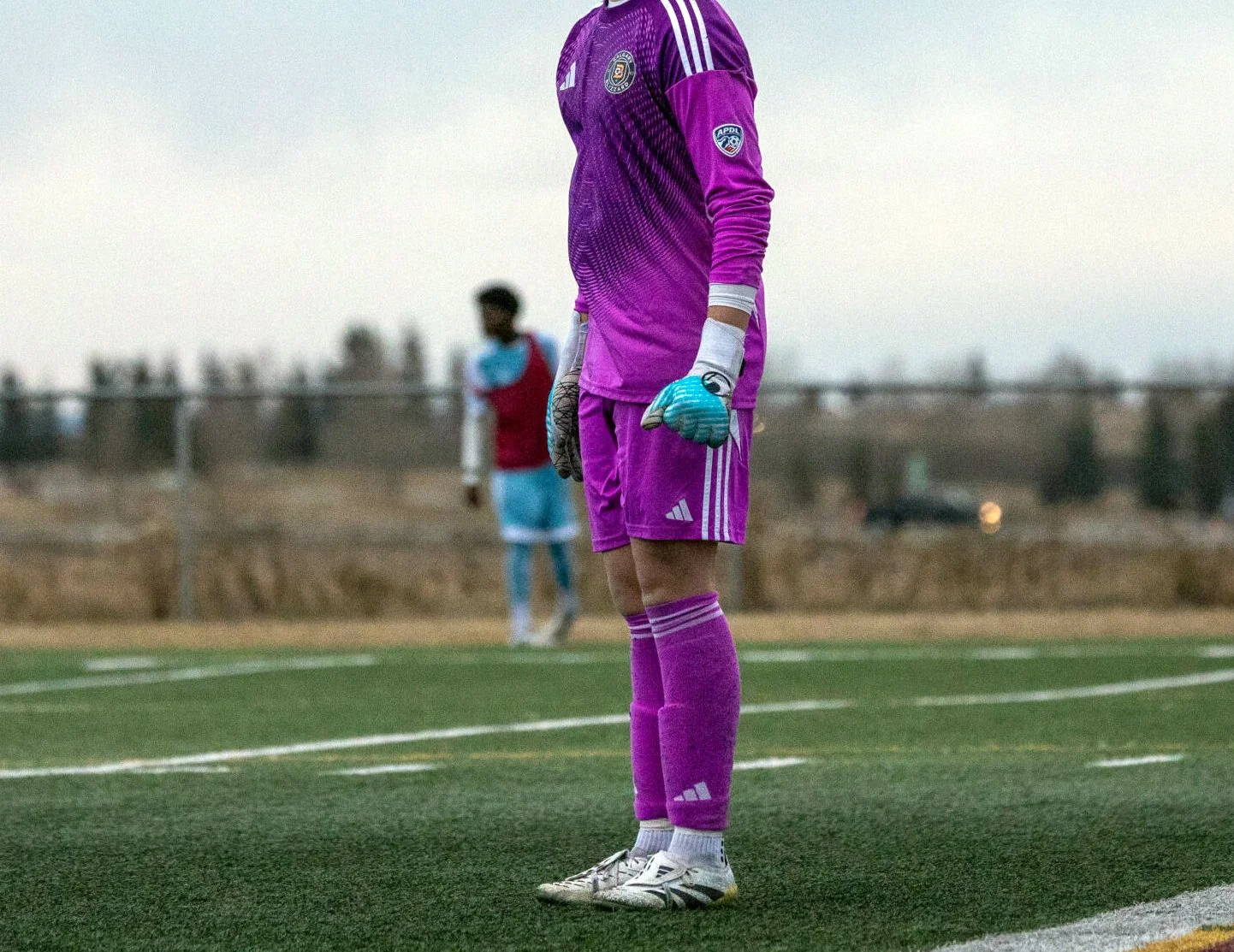 A soccer goalkeeper standing on the field, wearing a pink uniform with gloves. In the background, there is another player and a blurry outdoor landscape.