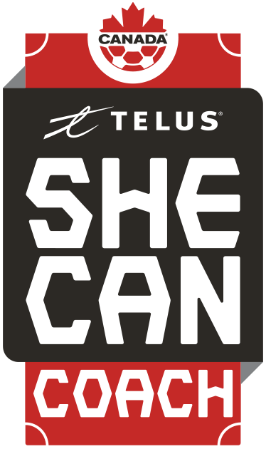 A logo inspired by an overhead view of a soccer pitch. On top is the text "Telus SHE CAN COACH" in large bold letters.