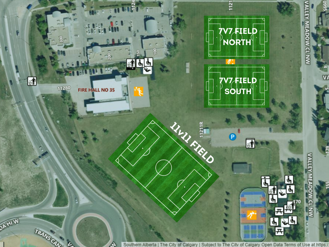 Aerial view of a sports complex showing three soccer fields labeled as 'Victory Field North' and 'Victory Field South', with additional facilities including parking, restrooms, a fire hall numbered 35, and sports amenities such as tennis and basketball courts.