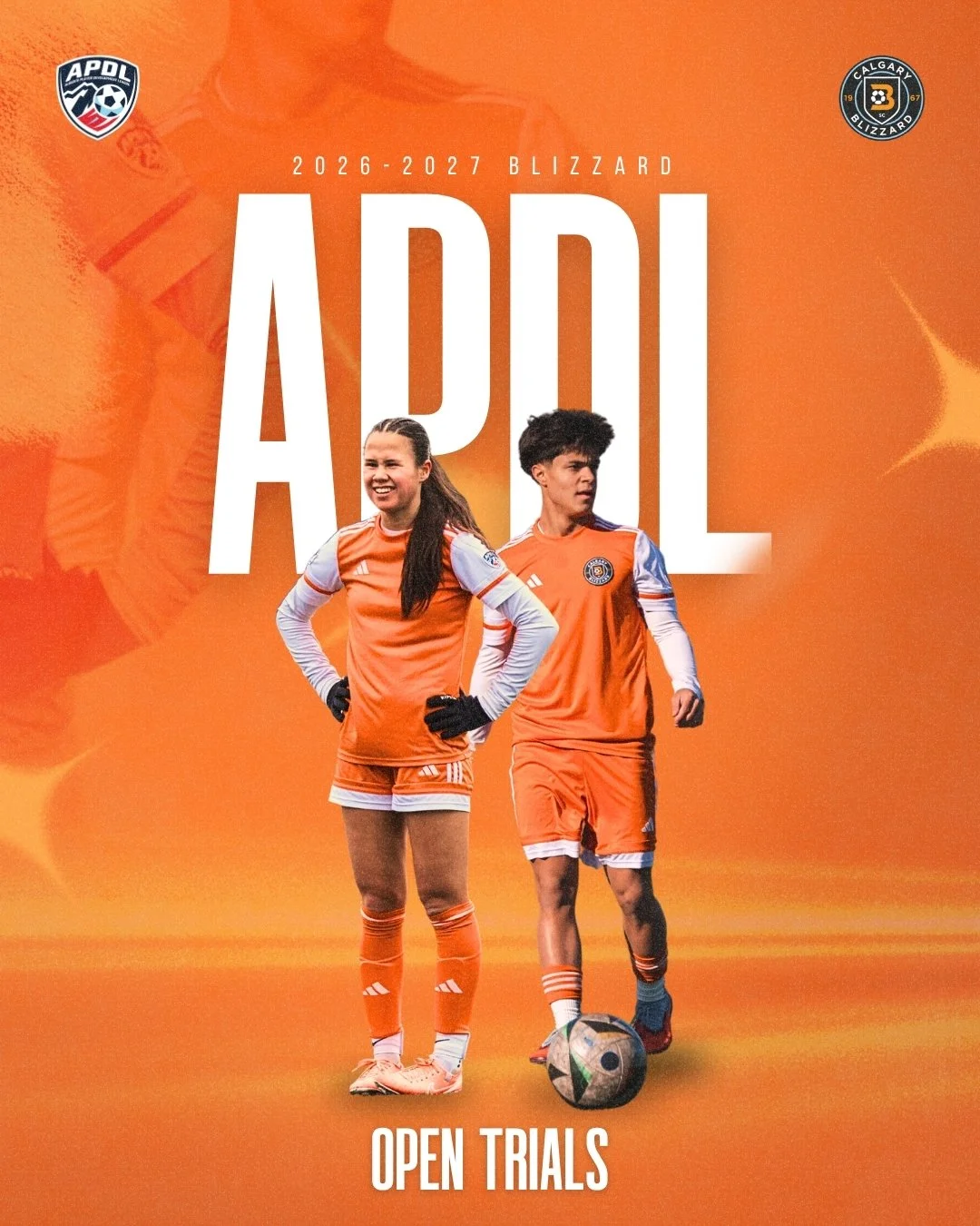 Two young soccer players, a girl and a boy, wearing orange and white uniforms, standing on a soccer field with a soccer ball, promoting open trials for the 2026-2027 Blizzard soccer team, with team logos in the top corners on an orange background.