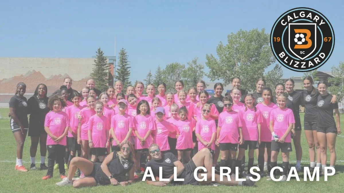 Group of young girls and their coaches on a soccer field during a girls' soccer camp, with a Calgary Blizzard Soccer Club logo in the top right corner.