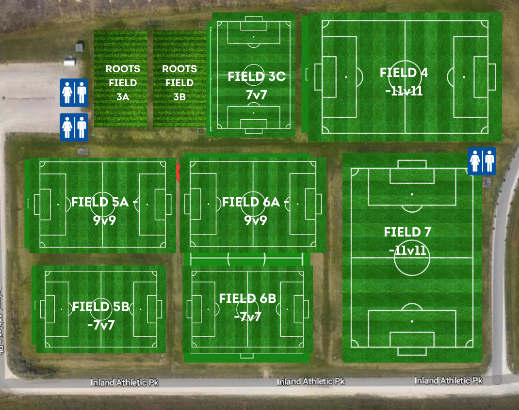 Aerial view of multiple soccer fields with labeled boundaries and dimensions, including trees and restrooms nearby.