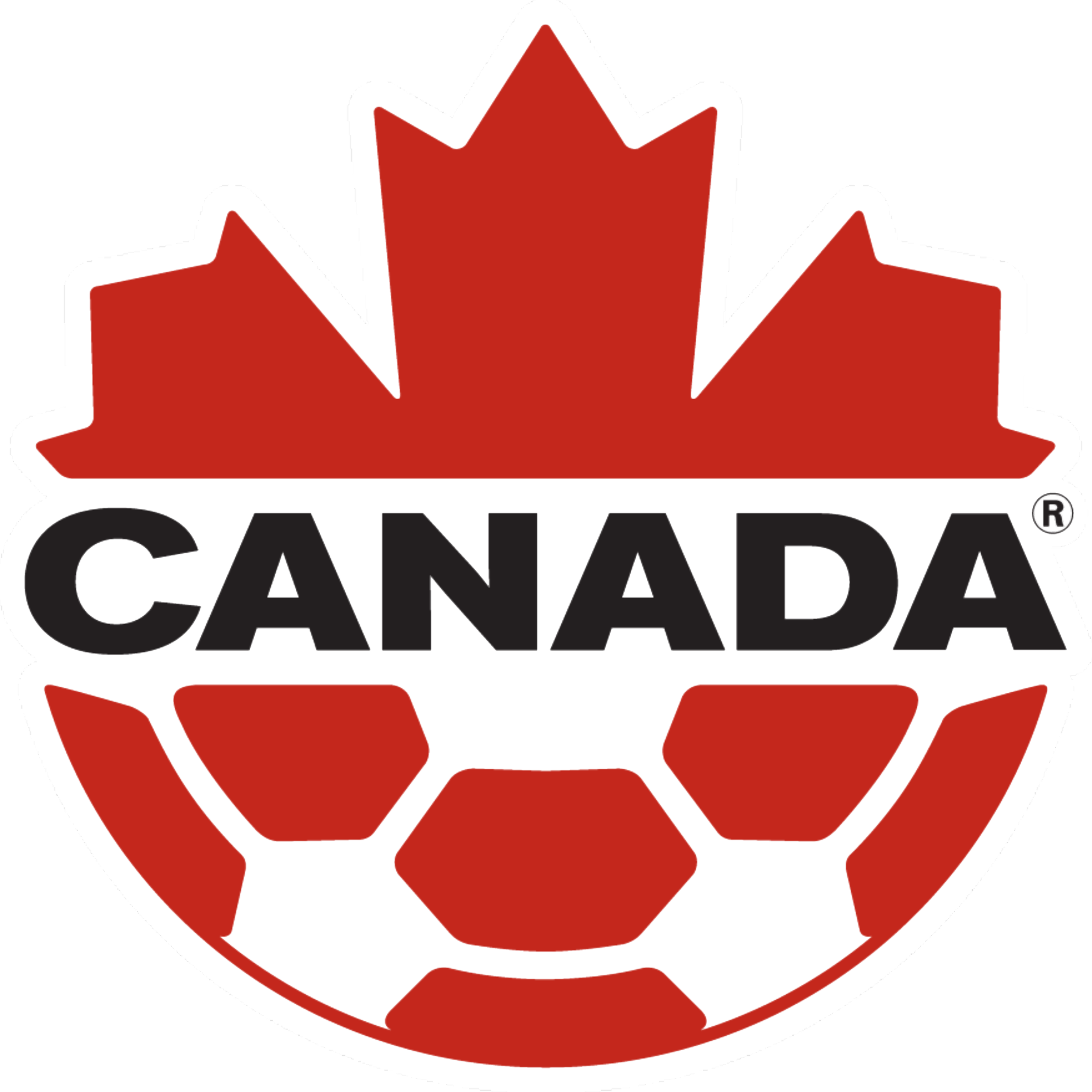 Canada Soccer logo with a red maple leaf and the word 'Canada' in black text across the center, beneath a stylized red and black soccer ball.