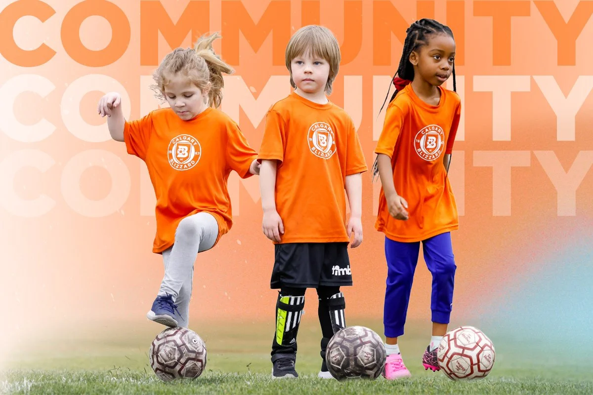 Community soccer event featuring children in orange jerseys with Calgary Blizzard logo, standing on a field with various community organization logos in the background, and a banner stating 'Registration Now Open'.