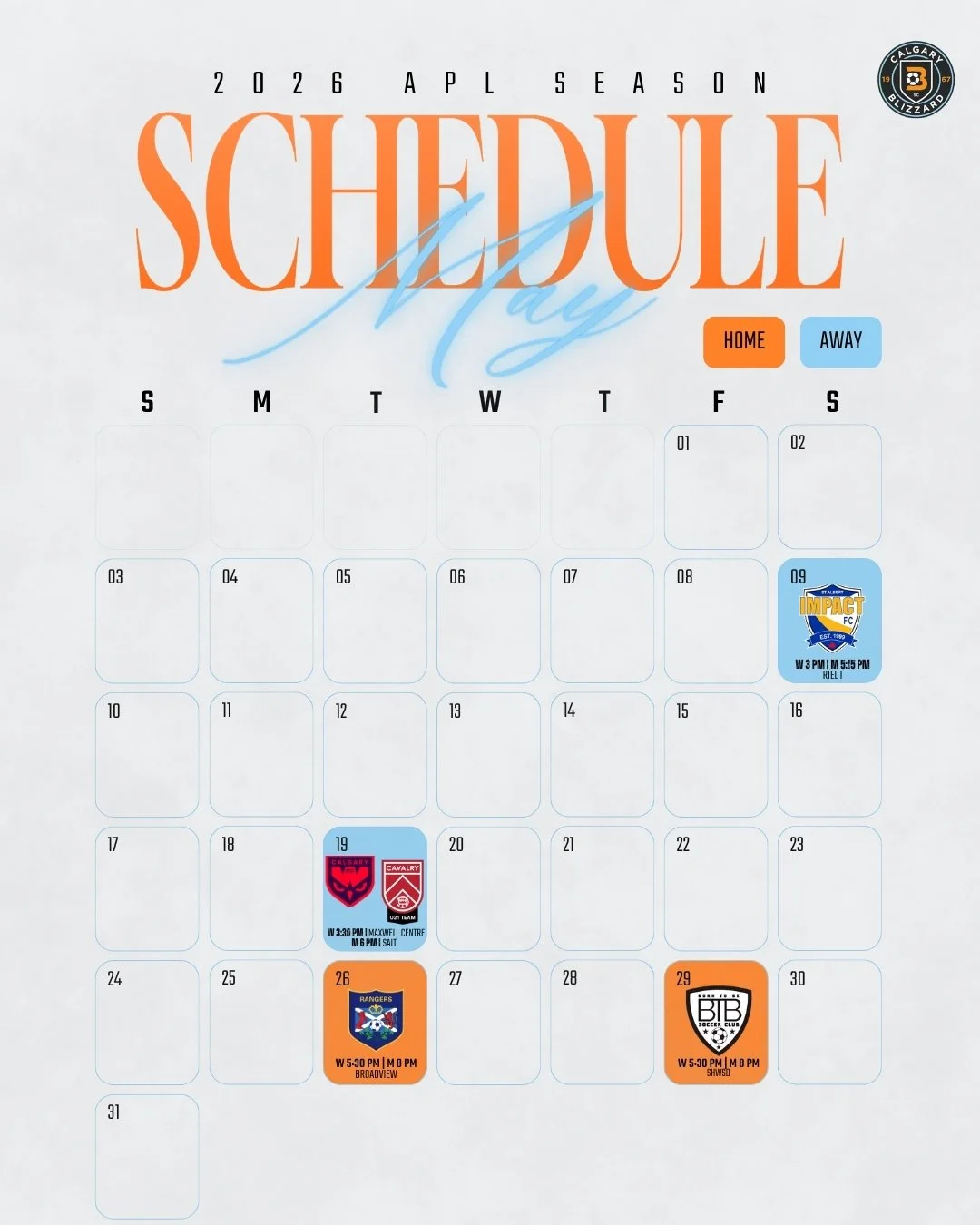 Blizzard Men & Women APL Schedule May 2026