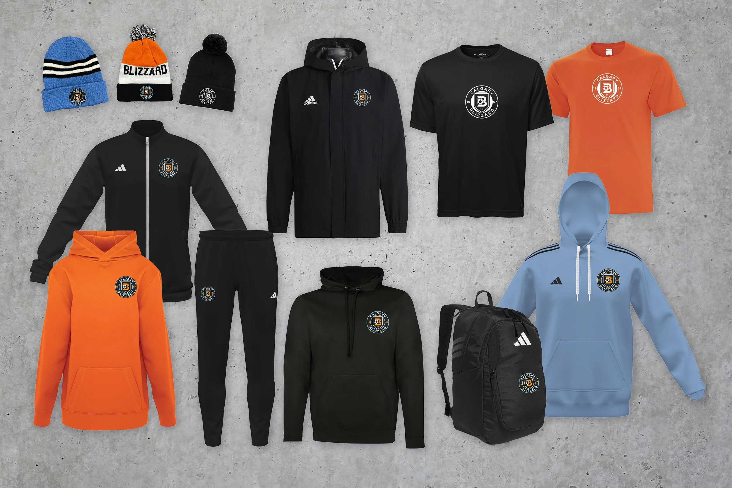 Collection of Calgary Blizzard sports apparel including beanies, t-shirts, hoodies, jackets, sweatpants, and a backpack with the team logo.