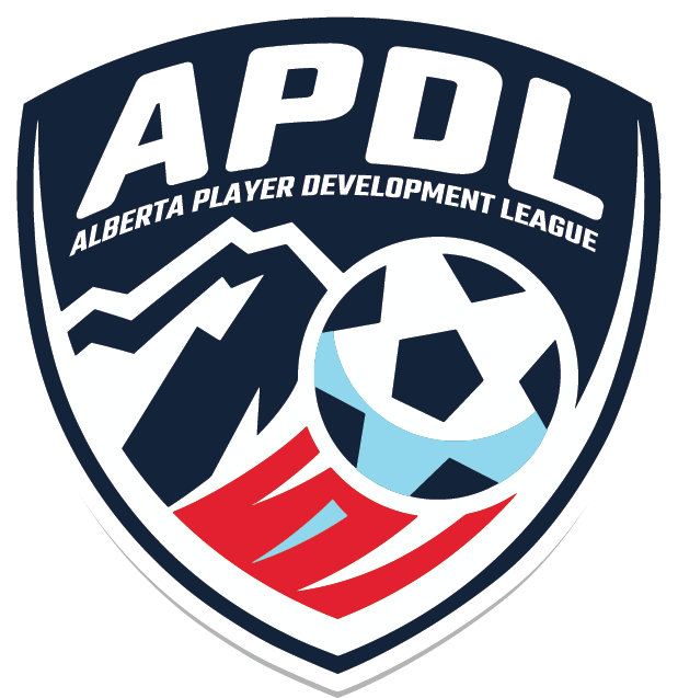Logo of Alberta Player Development League (APDL) with a shield shape, mountains, a soccer ball, and red stylized motion lines.