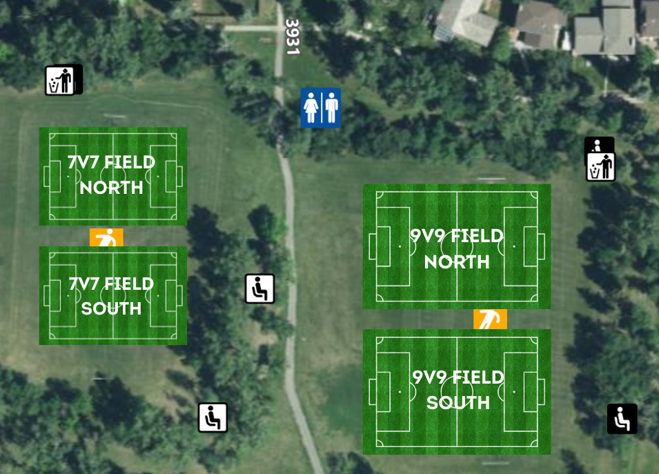 Map of a park with four soccer fields and restroom and trash icons. The fields are labeled '7v7 Field North and South' and '9v9 Field North and South'.