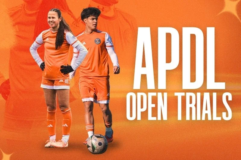 Two young soccer players, a girl and a boy, in orange jerseys and shorts, standing on an orange background with large white text reading "APDL OPEN TRIALS"