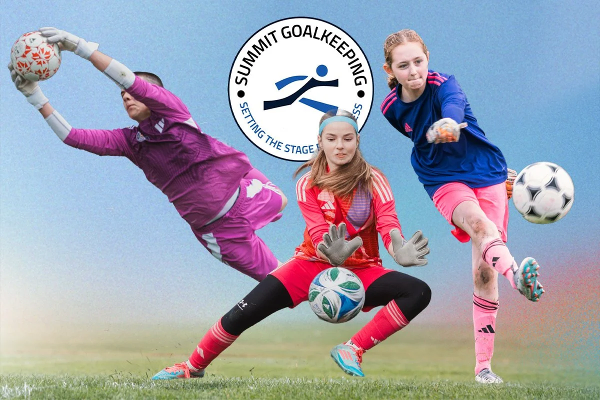 Three female soccer players in action during a game, with a soccer goalkeeper diving and a young goalkeeper preparing to catch the ball. A logo for 'Summit Goalkeeping' is in the background.