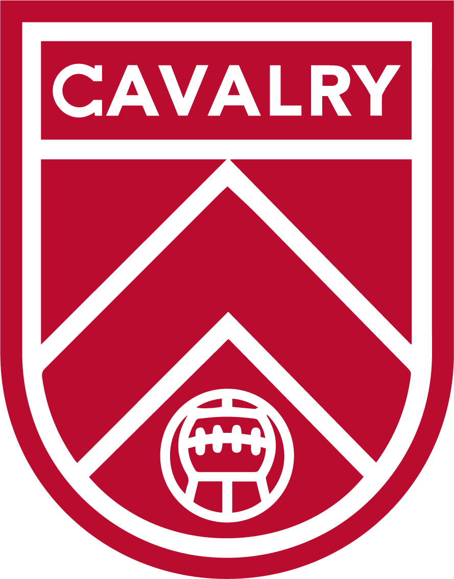 Calgary Cavalry FC logo in red and white, in the shape of a military badge featuring a football.
