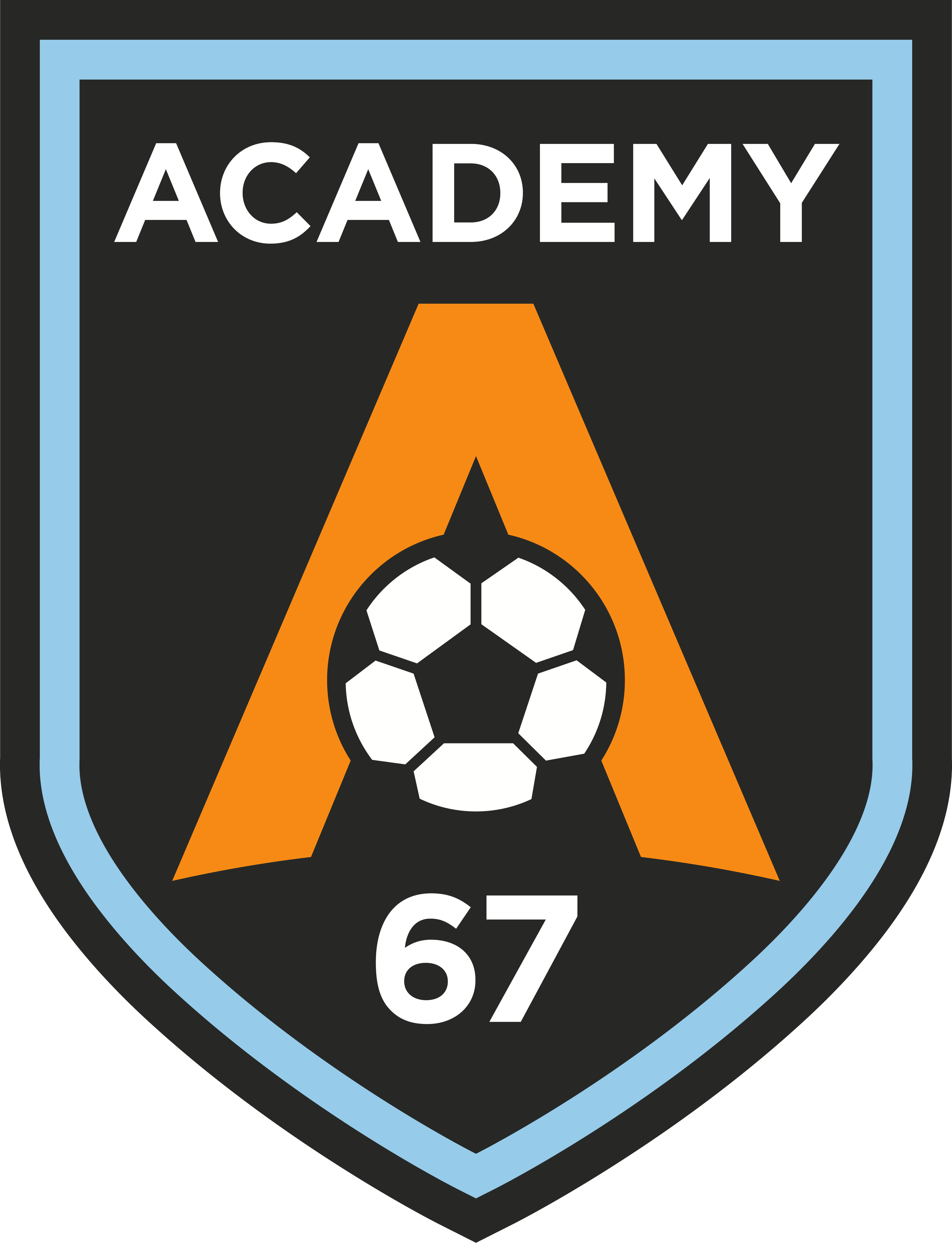 Soccer club emblem for Academy 67 featuring a large orange letter A and a soccer ball, with a black background and light blue border.