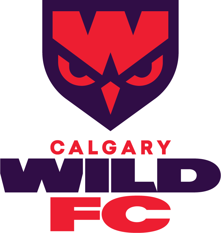 Calgary Wild FC logo featuring a stylized owl face with fierce eyes and a pointed beak, with the team name 'Calgary Wild FC' written below in red and purple text.
