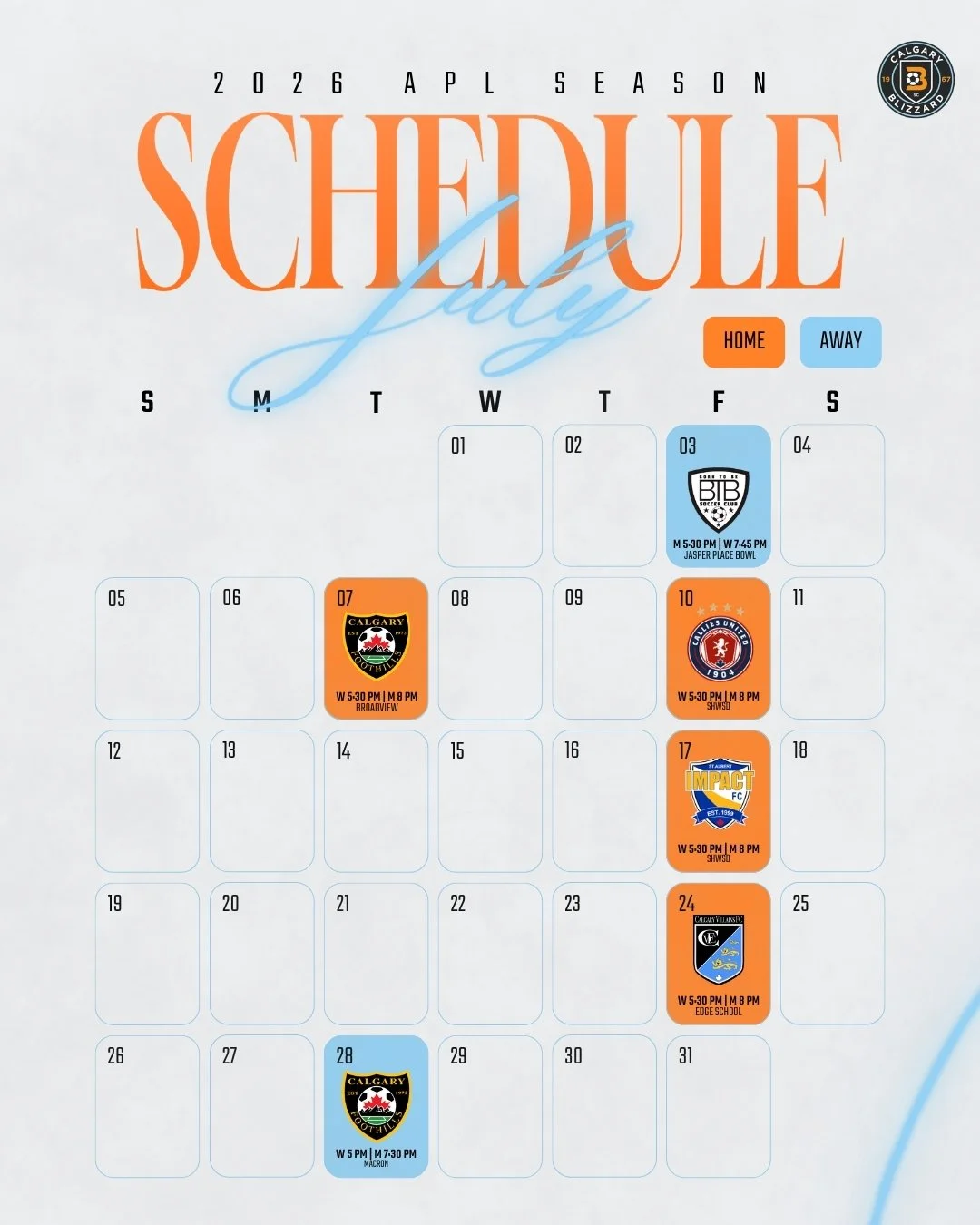 Blizzard Men & Women APL Schedule July 2026