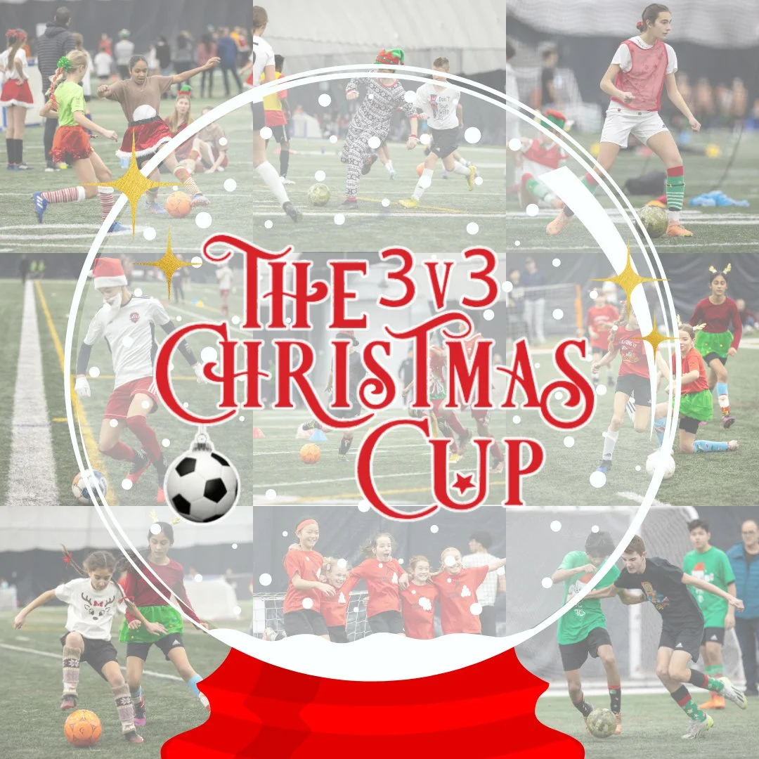 Children playing soccer during a Christmas-themed tournament with festive outfits and holiday accessories.