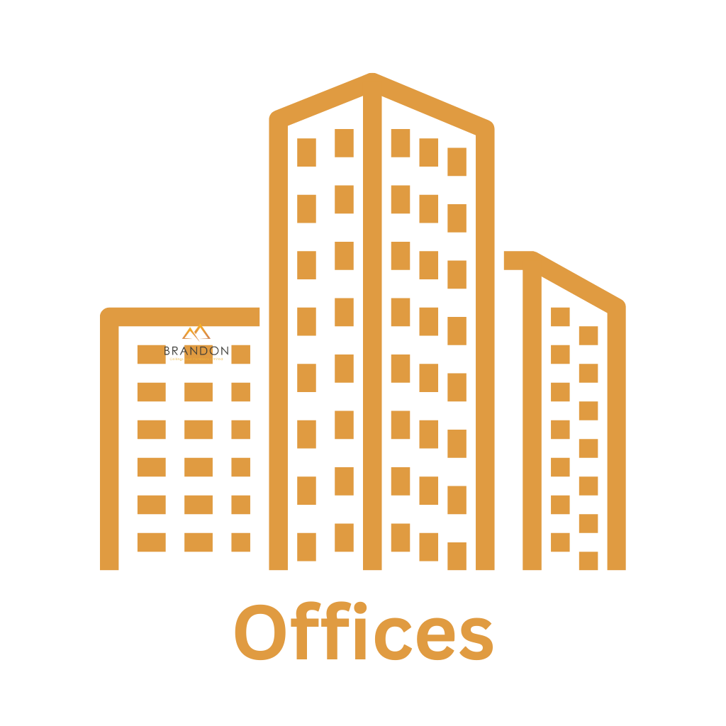 Graphic illustration of three tall office buildings with illuminated windows, labeled 'Offices' at the bottom.