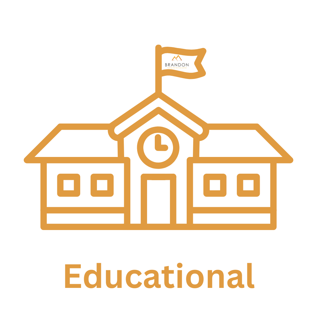 A simple line drawing of a school building with a clock and a flag, with the word 'Educational' beneath it.