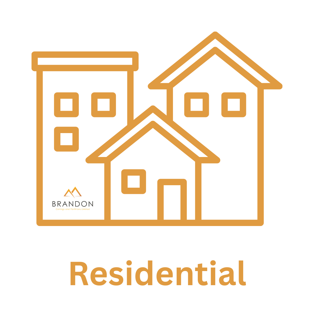 Outline drawing of multiple residential houses with a logo and the word 'Residential' below, on a black background.