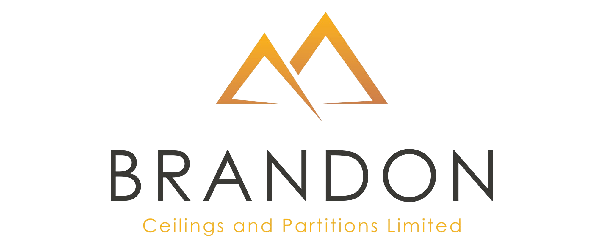Logo with two gold peaks above the words "BRANDON" and the tagline "Ceilings and Partitions Ltd." in yellow and orange text. The logo represents mountainous peaks based on the homeplace "Brandon, Co. Kerry" and also if rotated 90 degrees forms a "B".