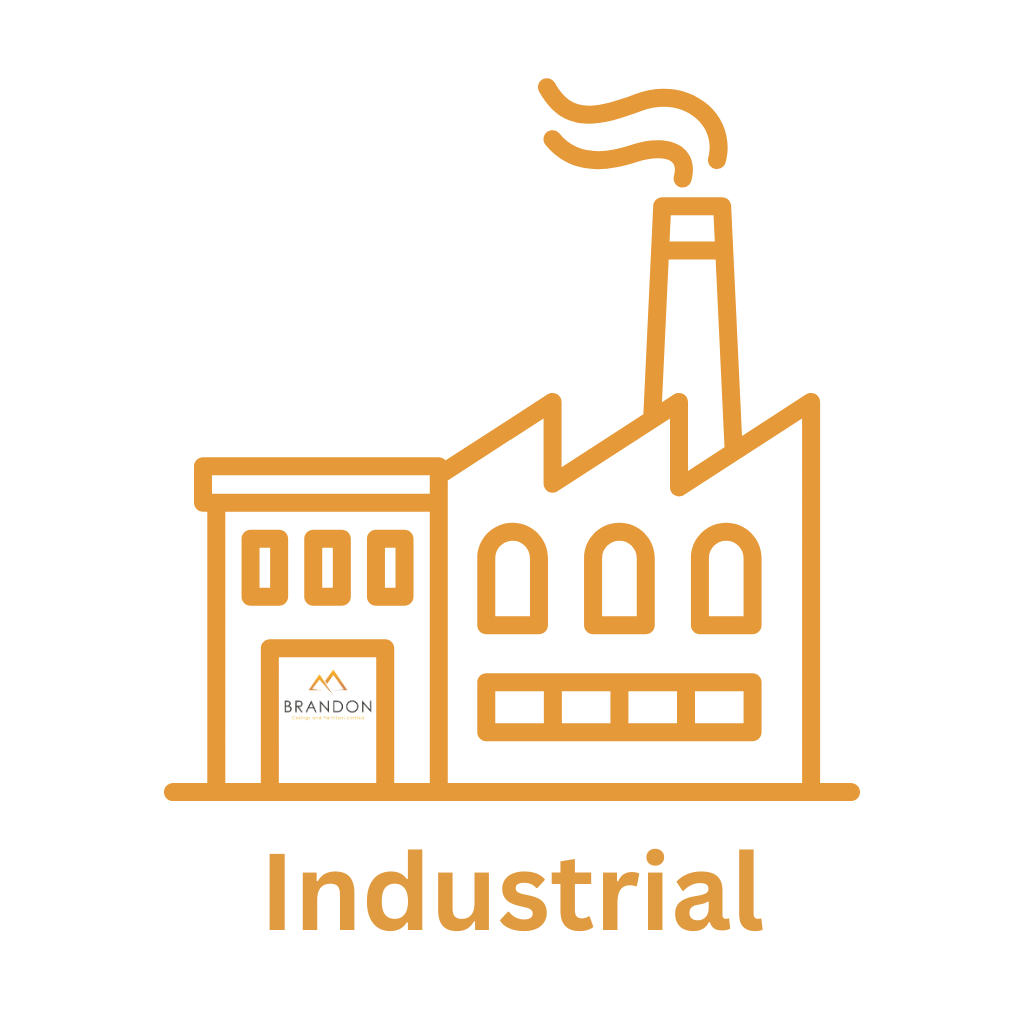 Line drawing of an industrial factory with smoke coming out of the chimney, labeled 'Brandon,' with the word 'Industrial' below.