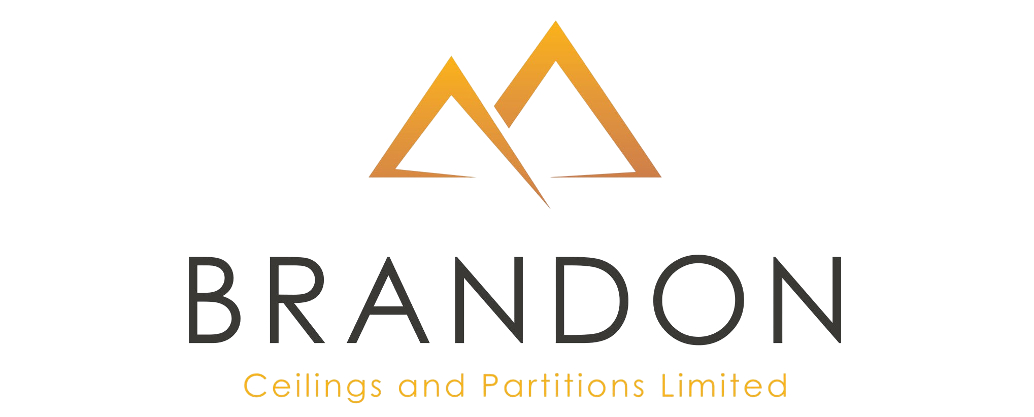 Logo with two gold peaks above the words "BRANDON" and the tagline "Ceilings and Partitions Ltd." in yellow and orange text. The logo represents mountainous peaks based on the homeplace "Brandon, Co. Kerry" and also if rotated 90 degrees forms a "B".
