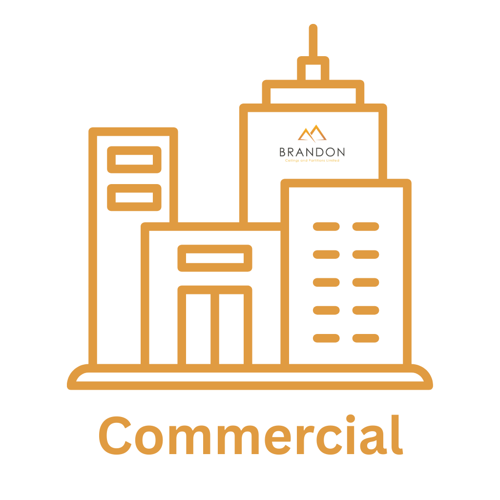 Outline drawing of a city skyline with tall buildings. The word 'Commercial' is written below the buildings.