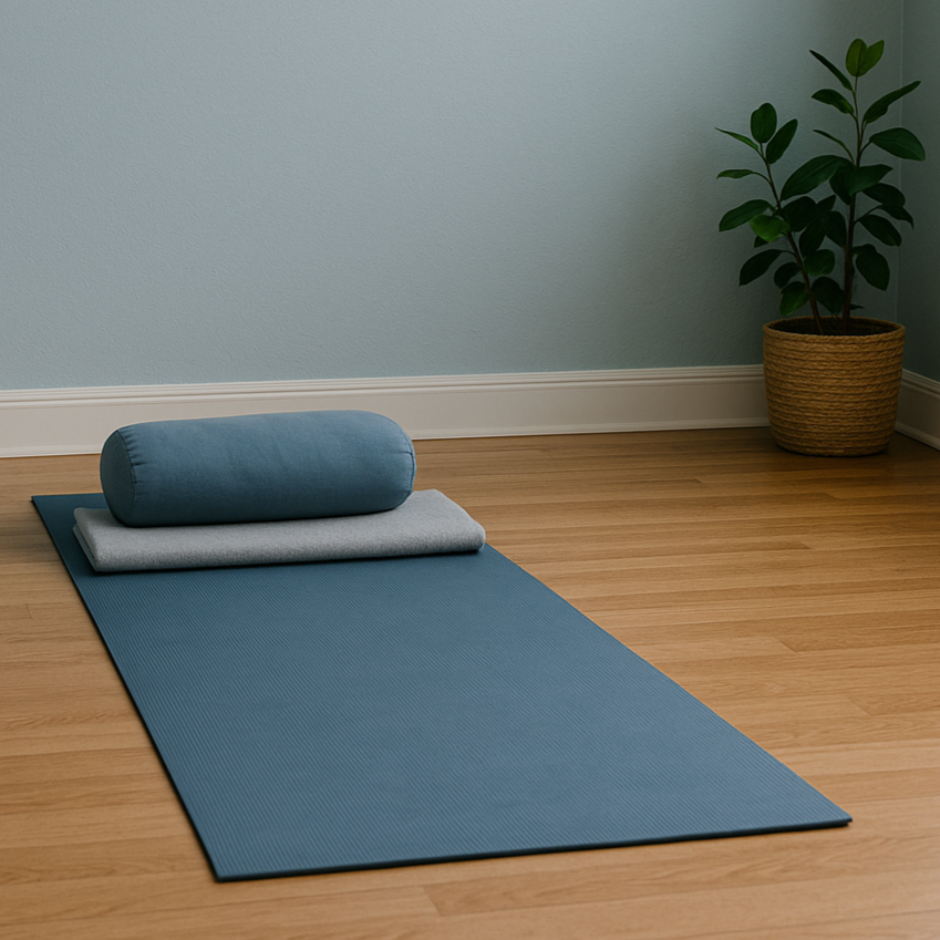 Yoga mat with bolster pillow and folded towel on hardwood floor next to potted plant in a corner of a room.