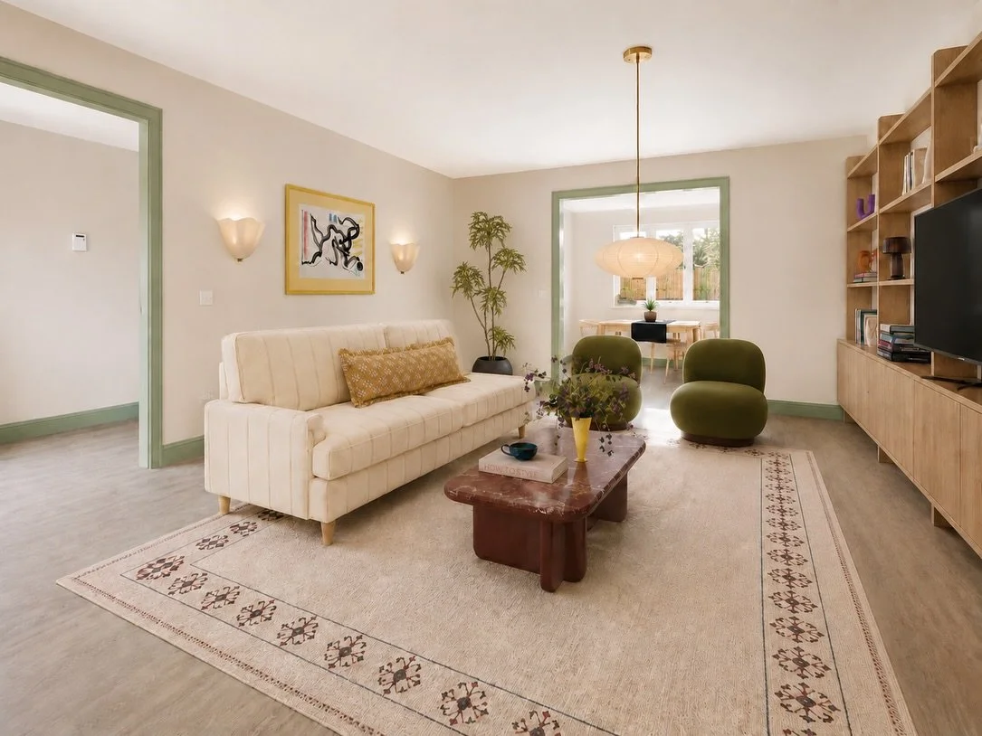 POV: one layout change completely changed how this room feels!!
Before~ people would walk right in front of the TV to get through to the kitchen. 
Now there is a better flow of space and the living room is no longer a walkway. 
Swipe to see before -&