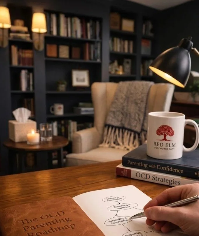 Cozy therapy office featuring "The OCD Parenting Roadmap," Red Elm Psychotherapy materials, and a comfortable space for OCD and perinatal mental health care.