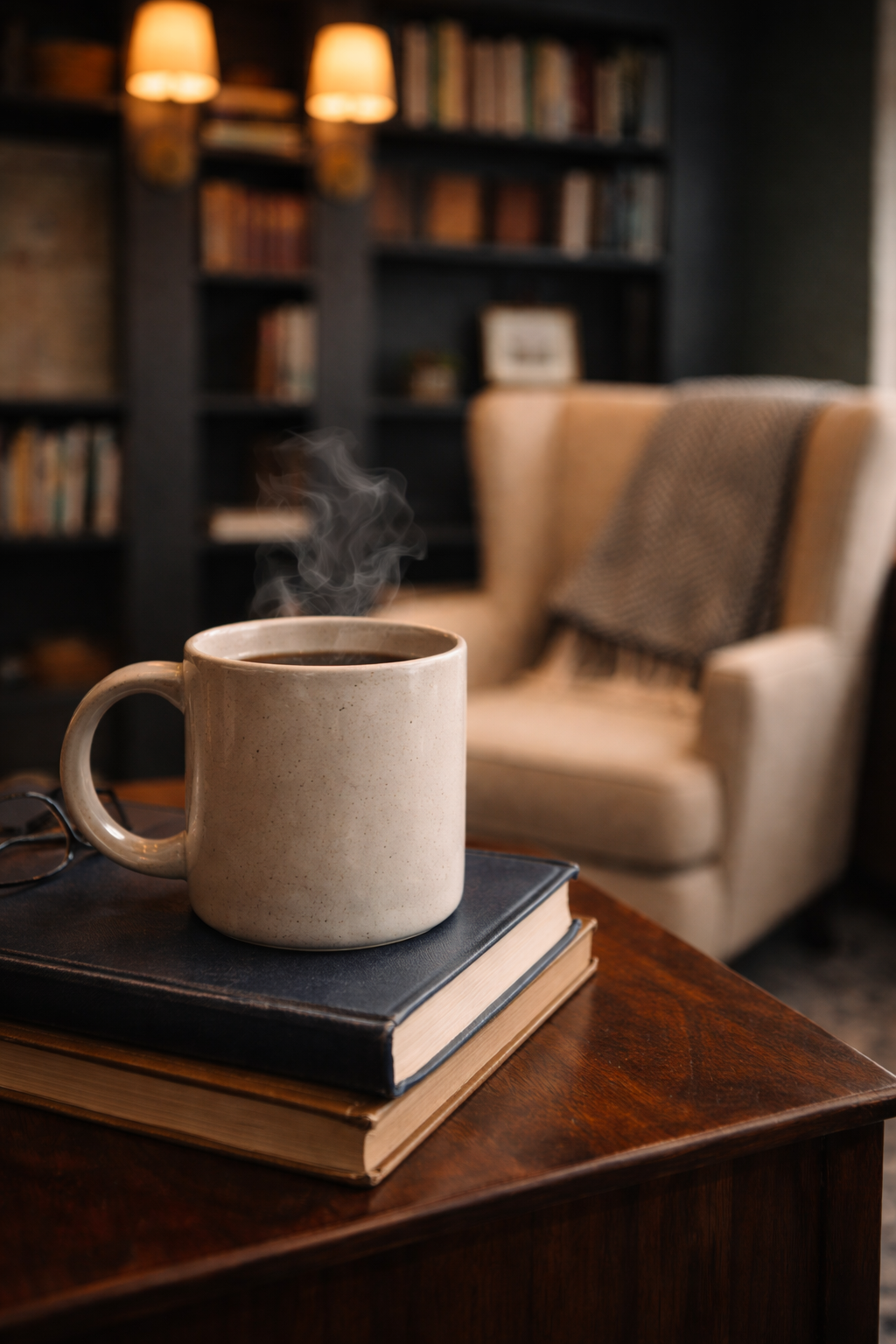A steaming cup of coffee on top of two closed books on a wooden table, with a cozy armchair and a bookshelf in the background.