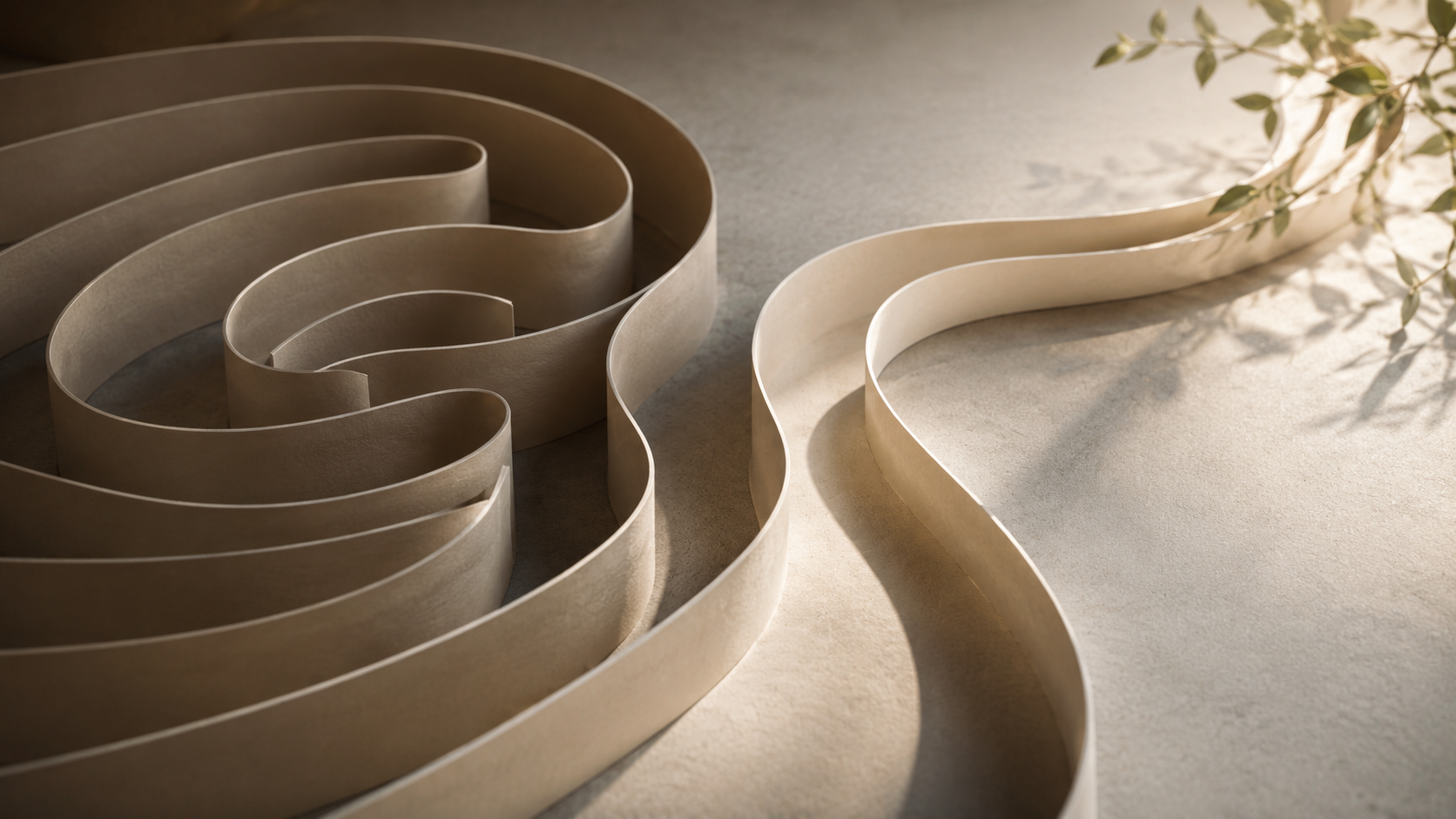 An abstract beige and white paper labyrinth with a soft, leafy plant shadow cast over a textured surface.