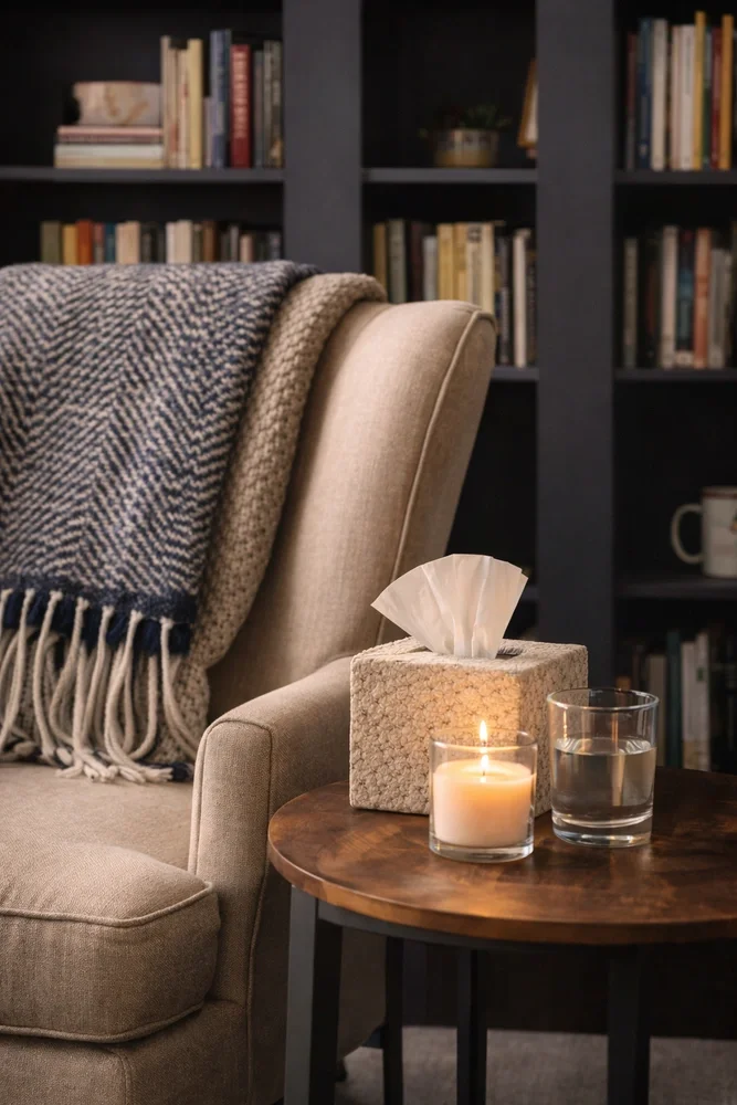A comforting and safe therapy environment at Red Elm Psychotherapy in Vienna, VA, featuring a cozy armchair and tissues for emotional support.
