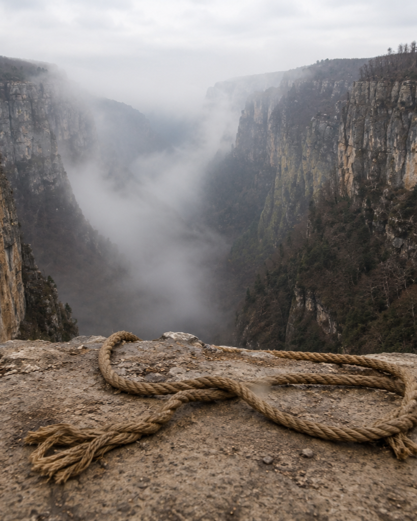 A coiled rope on the ground overlooking a foggy canyon in Virginia, representing dropping the rope in anxiety therapy.