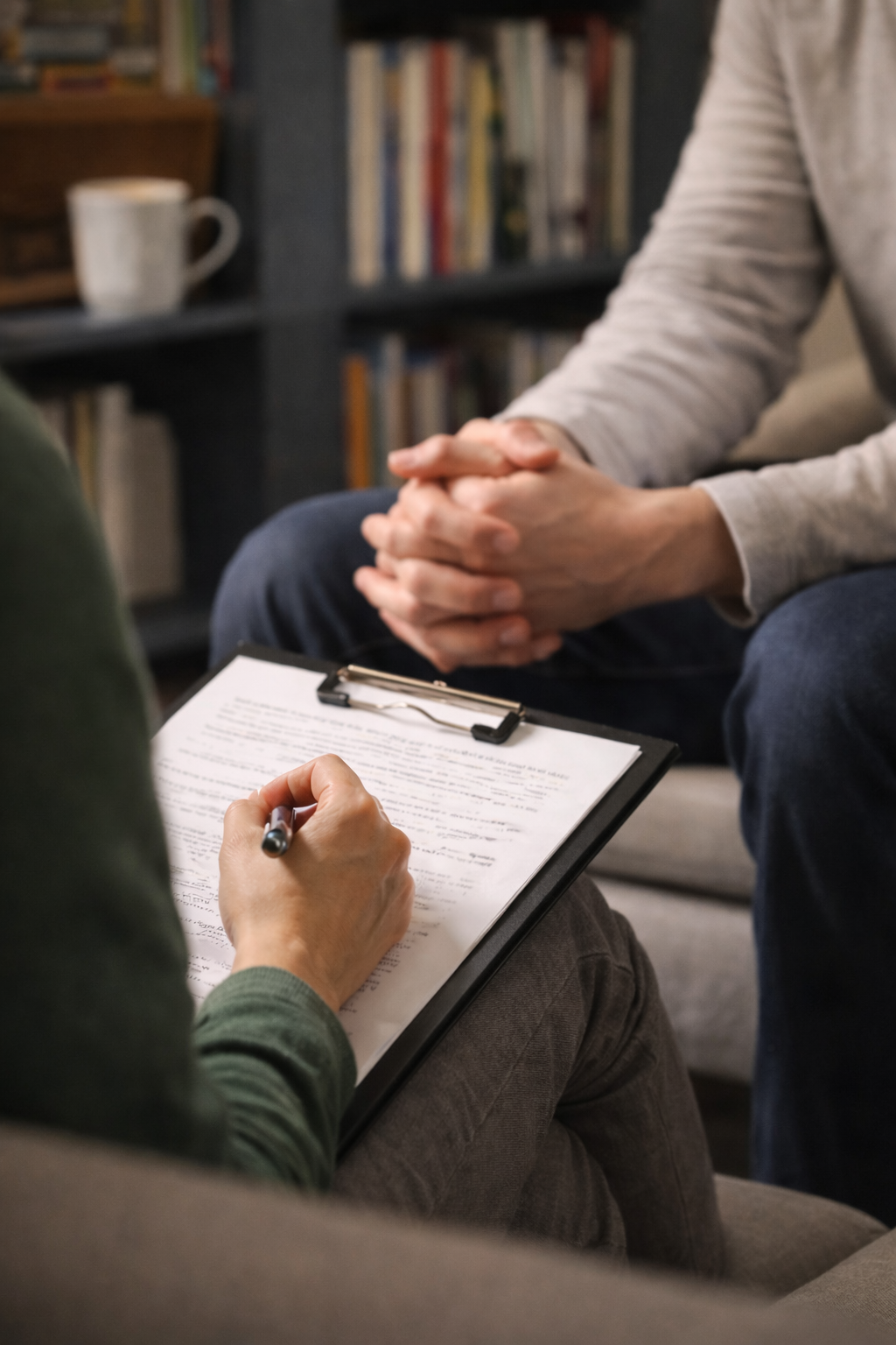Therapist or counselor taking notes on a clipboard during a session with a client who has hands clasped.