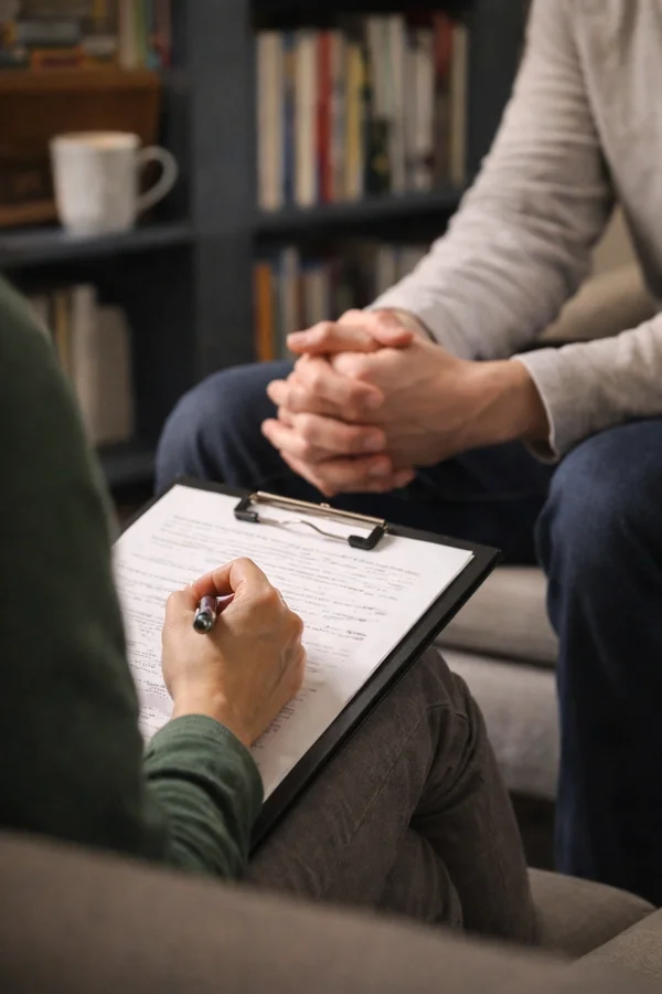 Psychologist taking notes during an OCD, anxiety, or perinatal therapy session with a client in a welcoming office.