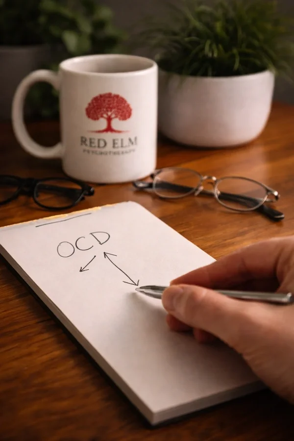 Red Elm Psychotherapy clinician mapping out a specialized OCD treatment plan in their Northern Virginia office.