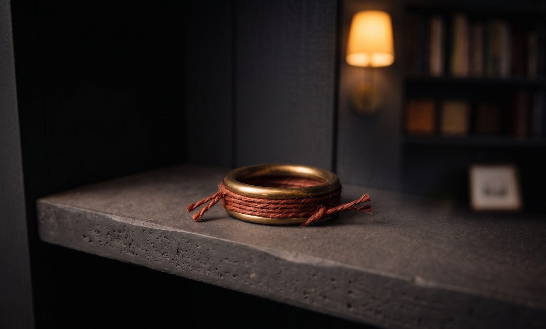 Bronze ring with a red rope tied around it displayed on a gray shelf with books and warm lighting in the background.