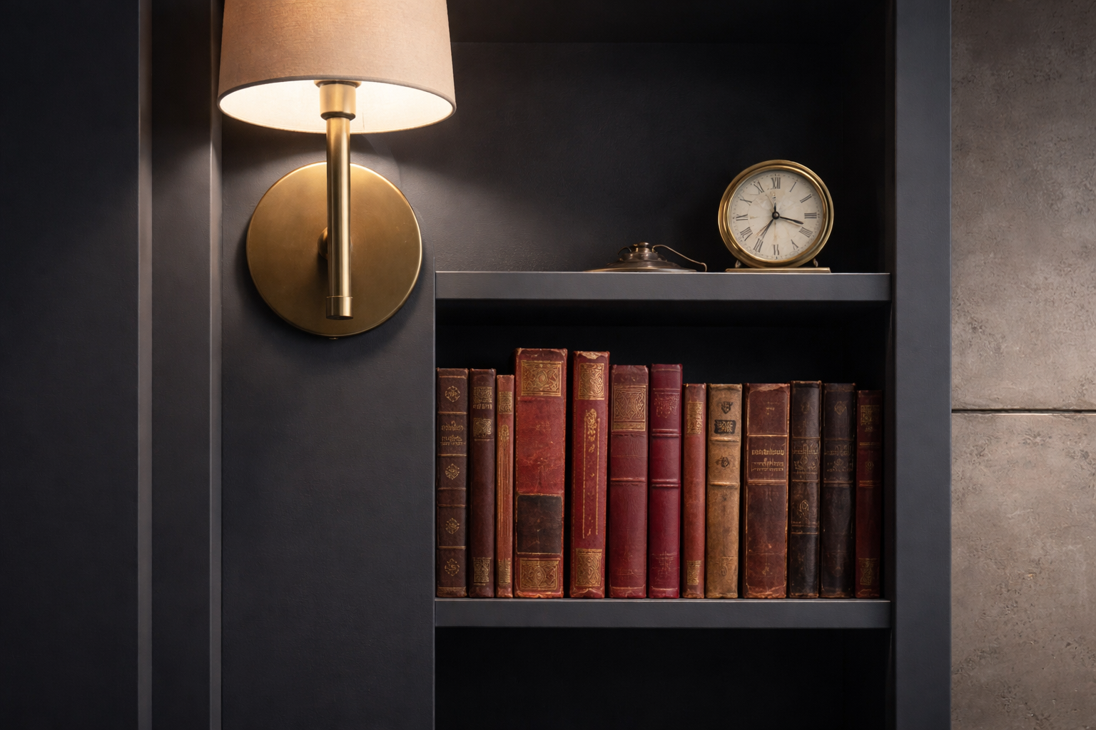 A built-in bookshelf with a wall-mounted brass lamp, a vintage clock, and a row of old leather-bound books.