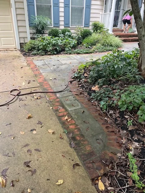 A garden pathway with a mix of brick and concrete, with some leaves scattered on the ground. There are plants and shrubs bordering the path, and a person is seen in the background bending over near a set of stairs.