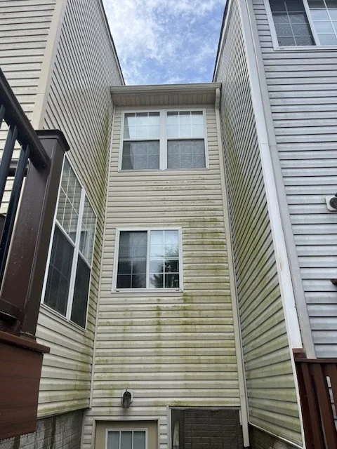 View of the back of a narrow, three-story house with beige siding, moss or mold stains, and two windows on each of the upper two floors, with a small window at the basement level. The sky is partly cloudy.