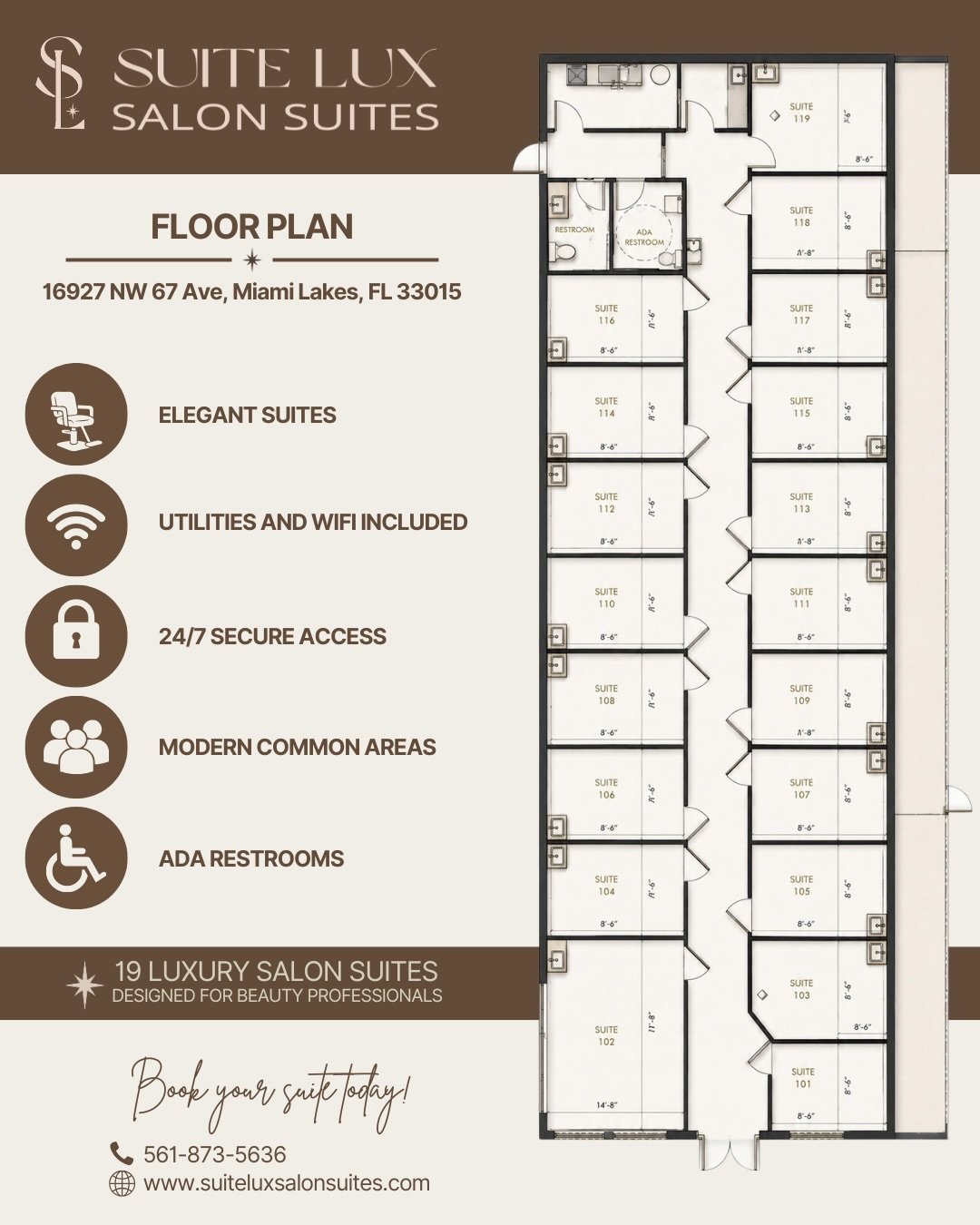 Designed with beauty professionals in mind. ✨

Our luxury salon suites feature modern common areas, secure access, included utilities and WiFi, ADA restrooms, and elegant private spaces built to support your business growth.

Located in Miami, FL.
No