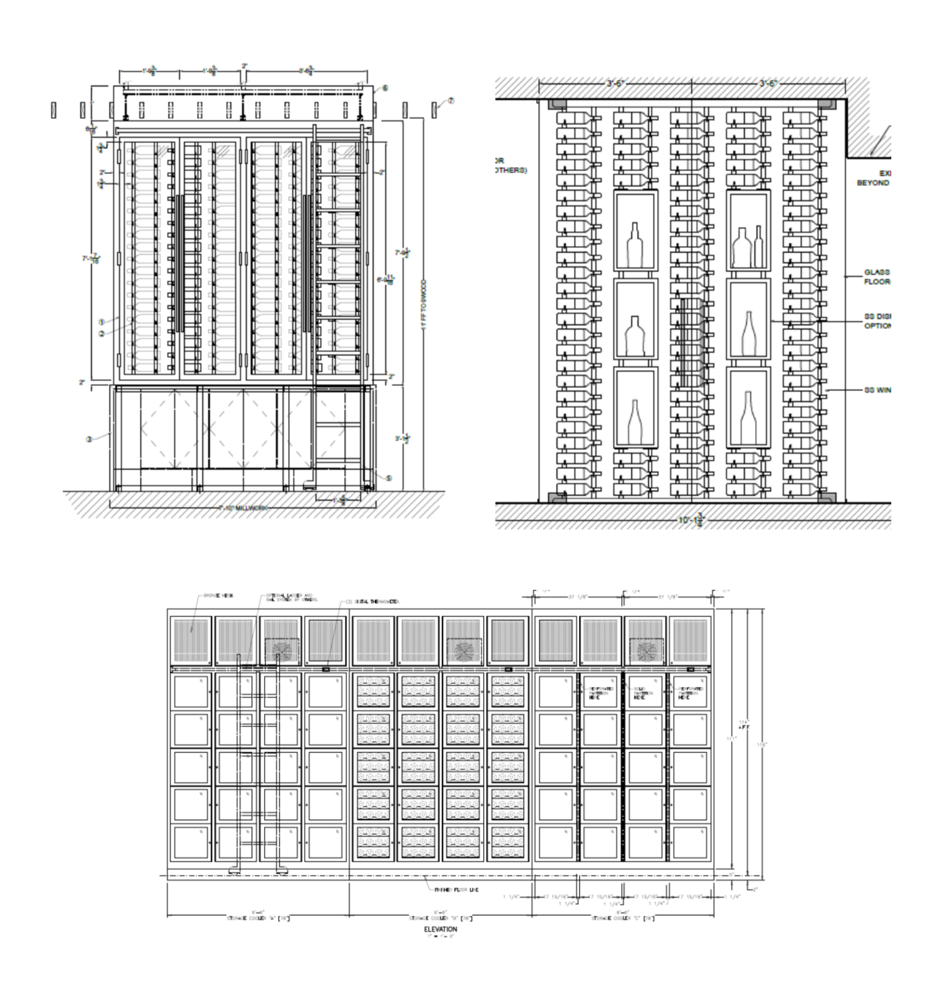 Architectural blueprint of a wine storage cabinet with front, side, and elevation views and detailed measurements.