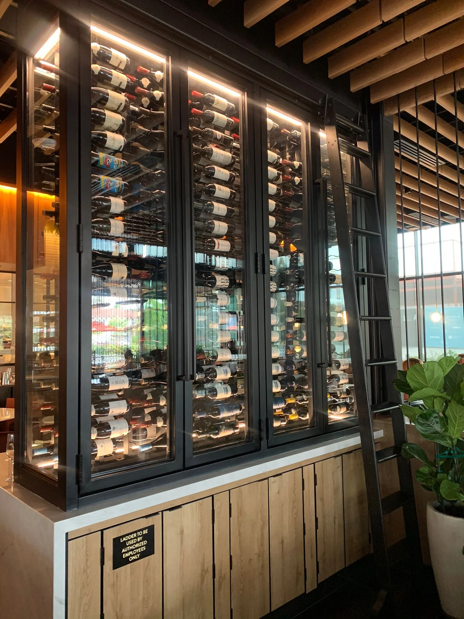 A glass-fronted wine refrigerator filled with bottles of wine inside a modern restaurant or wine bar, with wooden accents and a ladder leaning against it.