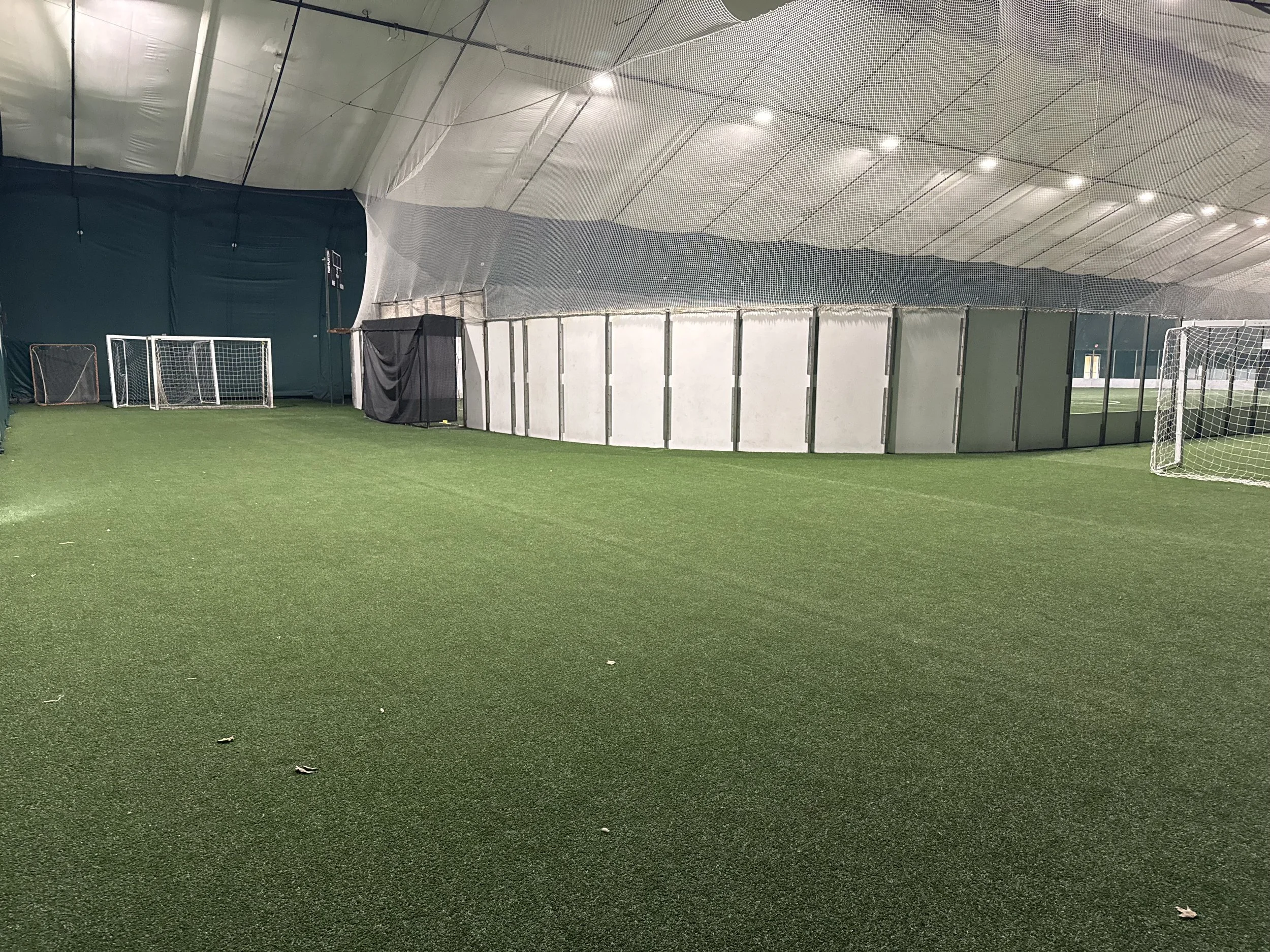 Indoor soccer field with artificial green turf, multiple small soccer goals, and a high curved ceiling with lighting.
