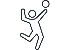 Minimalist line drawing of a person jumping with arms raised.