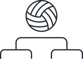 Icon of a volleyball above a flowchart diagram.