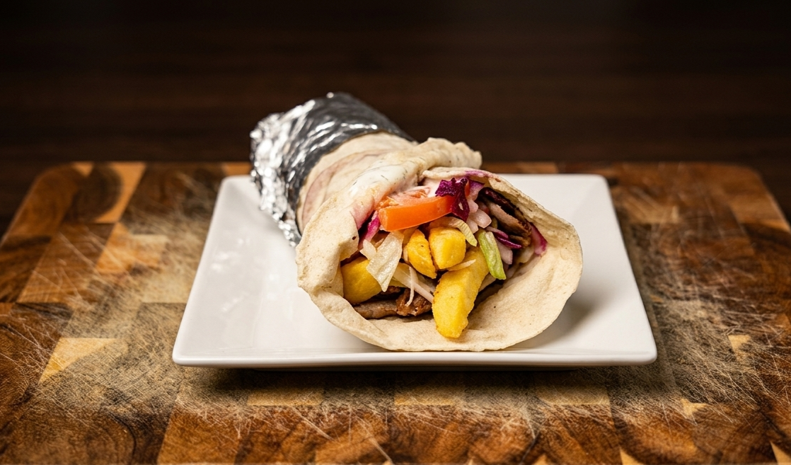 Burrito mit Gemüse und Kartoffeln auf einem weißen Teller vor einem dunklen Hintergrund auf einem Holzbrett