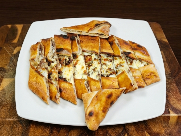 Eine weiße Platte mit gebratenen Calzone, zereist in Stücke, auf einem Holztisch.