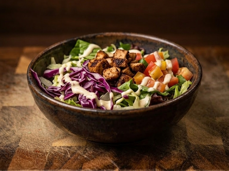 Schüssel mit Salat, bestehend aus roter und grüner Paprika, Tomaten, Salatblättern, veganen Hähnchenstreifen und Salatdressing.