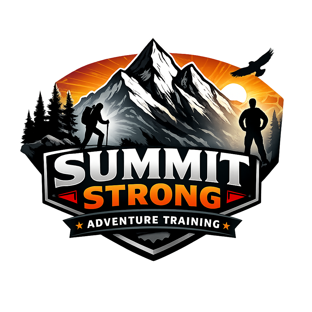 Summit Strong Adventure Training logo with mountain summit and hikers, symbolizing Kilimanjaro training, endurance coaching, and adventure fitness.